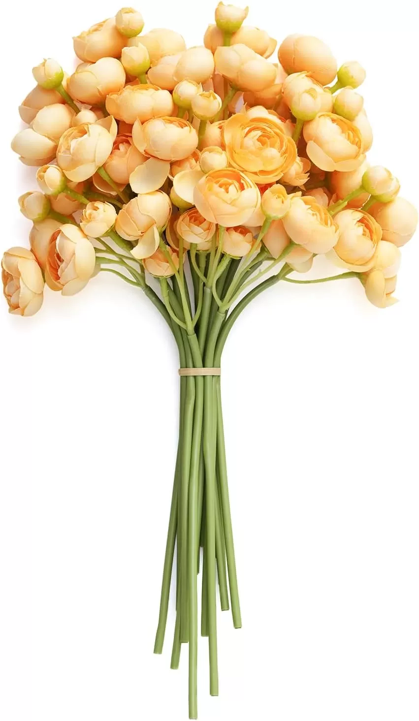 imageLings Moment Ranunculus Artificial Flower Faux Silk Mini Ranunculus Flowers for DIY Bouquet Bulk Fake Wedding Filler Flowers for Centerpieces Arrangements Bridal Shower Decorations Citrus OrangeFrench Yellow