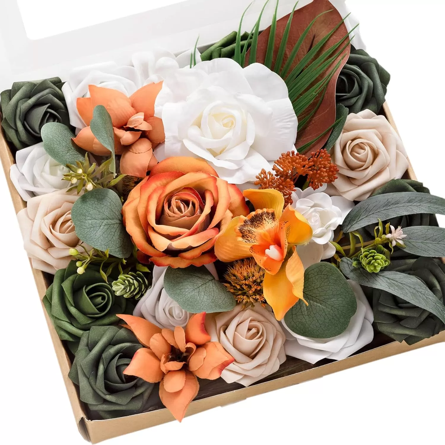 imageLings Moment Terracotta Artificial Flowers Greenery Deluxe Box Set Burnt Orange Fake Flower for DIY Wedding Bridal Bouquet Centerpieces Decor Floral Arrangement Decor etcWhite  Dark Green  Orange