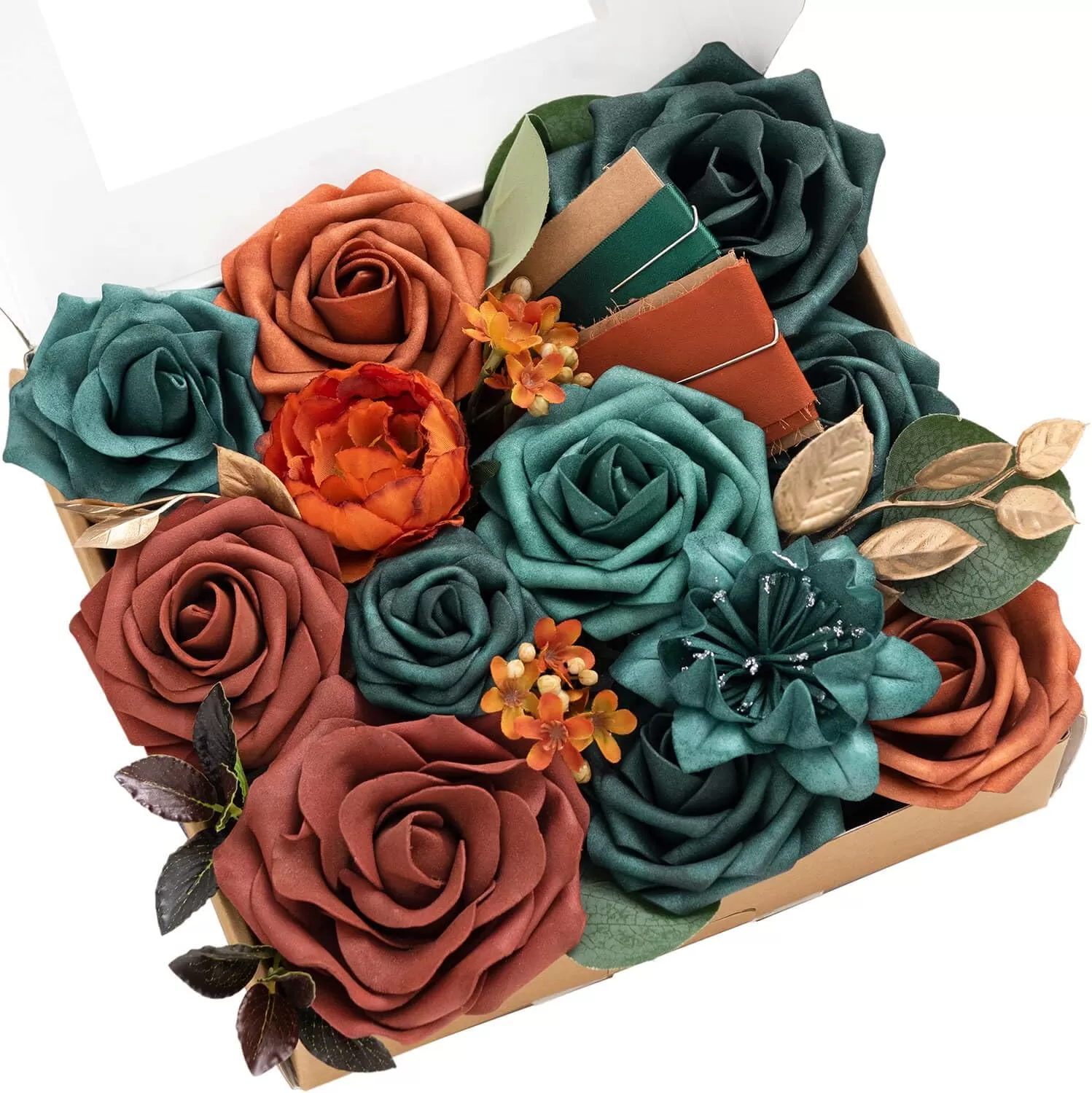 imageLings Moment Terracotta Artificial Flowers Greenery Deluxe Box Set Burnt Orange Fake Flower for DIY Wedding Bridal Bouquet Centerpieces Decor Floral Arrangement Decor etcTeal  Orange