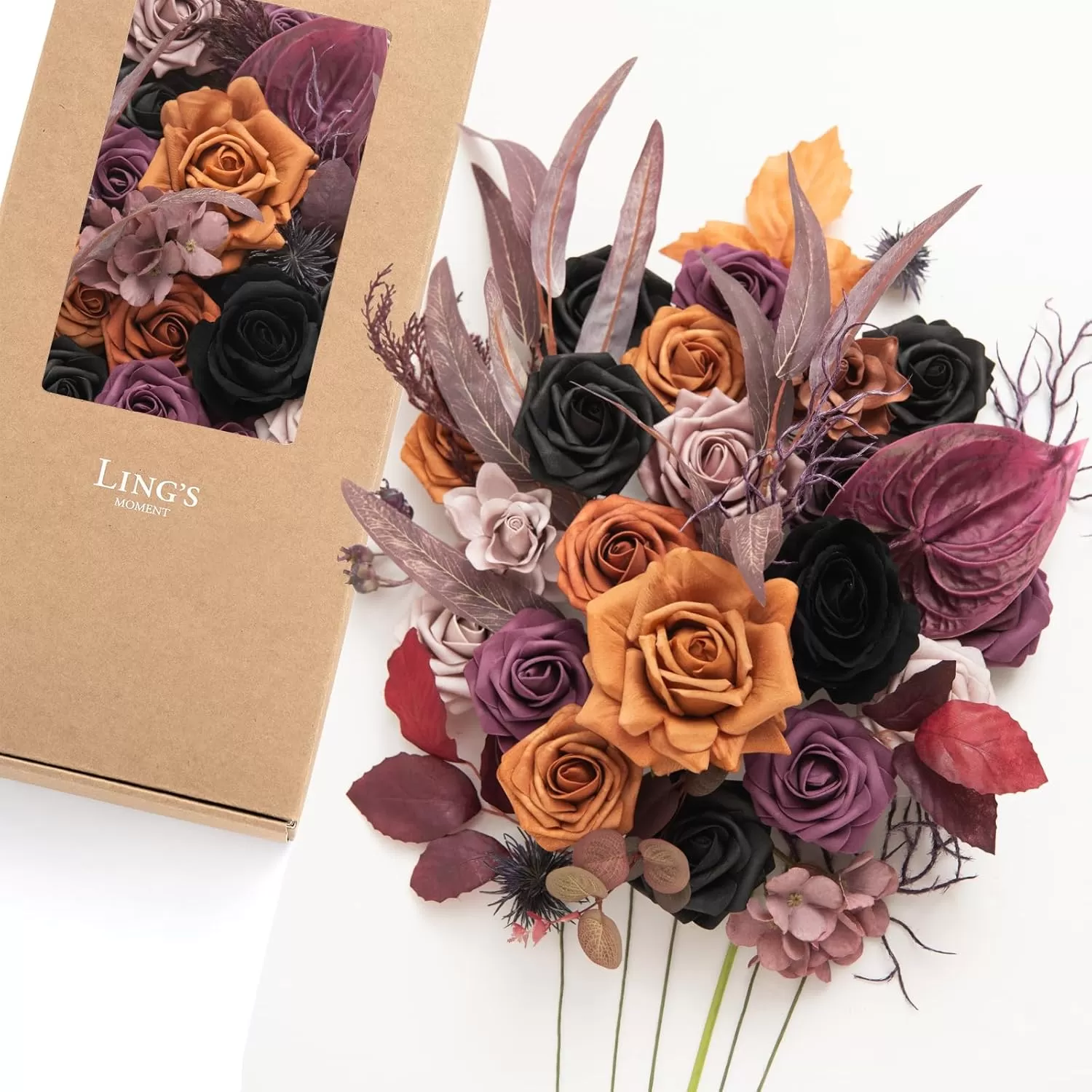 imageLings Moment Terracotta Artificial Flowers Greenery Deluxe Box Set Burnt Orange Fake Flower for DIY Wedding Bridal Bouquet Centerpieces Decor Floral Arrangement Decor etcBlack  Orange  Purple