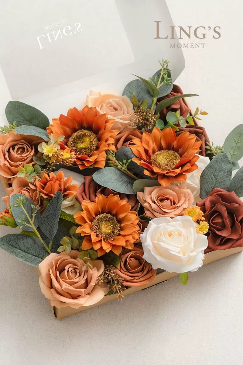imageLings Moment Terracotta Artificial Flowers Greenery Deluxe Box Set Burnt Orange Fake Flower for DIY Wedding Bridal Bouquet Centerpieces Decor Floral Arrangement Decor etcOrange Sunflower  Burnt Orange