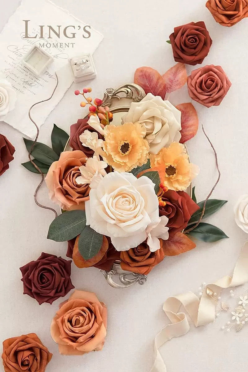 imageLings Moment Terracotta Artificial Flowers Greenery Deluxe Box Set Burnt Orange Fake Flower for DIY Wedding Bridal Bouquet Centerpieces Decor Floral Arrangement Decor etcRust  Cream