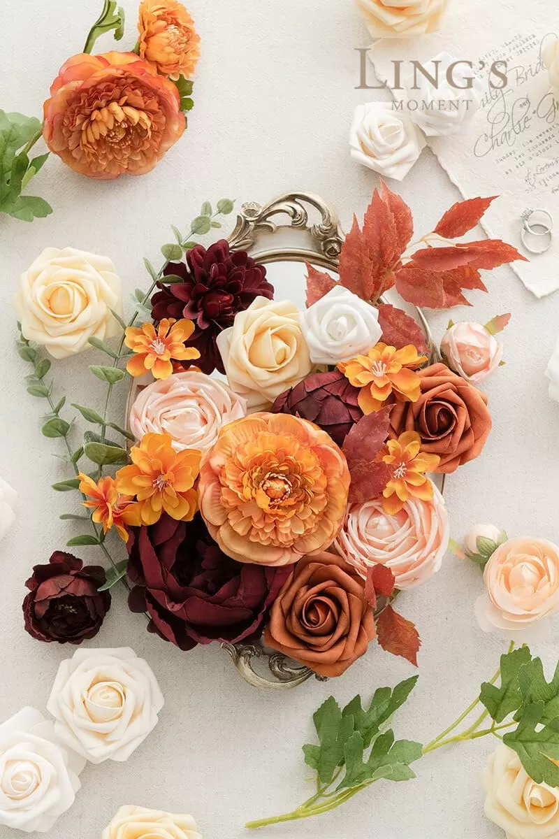 imageLings Moment Terracotta Artificial Flowers Greenery Deluxe Box Set Burnt Orange Fake Flower for DIY Wedding Bridal Bouquet Centerpieces Decor Floral Arrangement Decor etcOrange  French Yellow