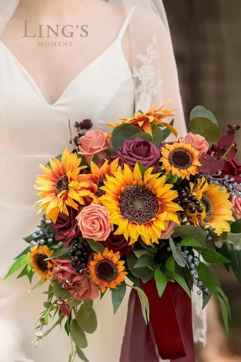 imageLings Moment Terracotta Artificial Flowers Greenery Deluxe Box Set Burnt Orange Fake Flower for DIY Wedding Bridal Bouquet Centerpieces Decor Floral Arrangement Decor etcSunflower  Marsala