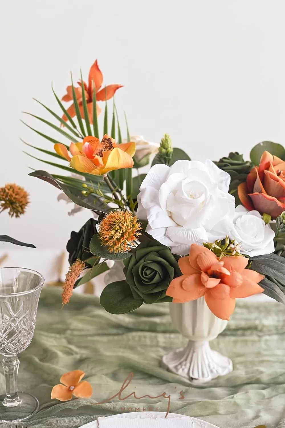 imageLings Moment Terracotta Artificial Flowers Greenery Deluxe Box Set Burnt Orange Fake Flower for DIY Wedding Bridal Bouquet Centerpieces Decor Floral Arrangement Decor etcWhite  Dark Green  Orange