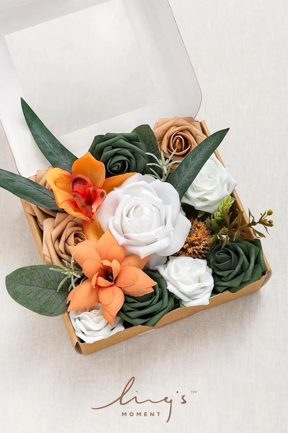 imageLings Moment Terracotta Artificial Flowers Greenery Deluxe Box Set Burnt Orange Fake Flower for DIY Wedding Bridal Bouquet Centerpieces Decor Floral Arrangement Decor etcWhite  Dark Green  Orange