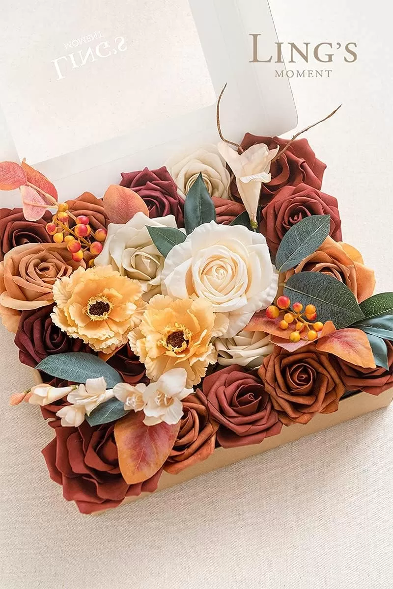 imageLings Moment Terracotta Artificial Flowers Greenery Deluxe Box Set Burnt Orange Fake Flower for DIY Wedding Bridal Bouquet Centerpieces Decor Floral Arrangement Decor etcRust  Cream