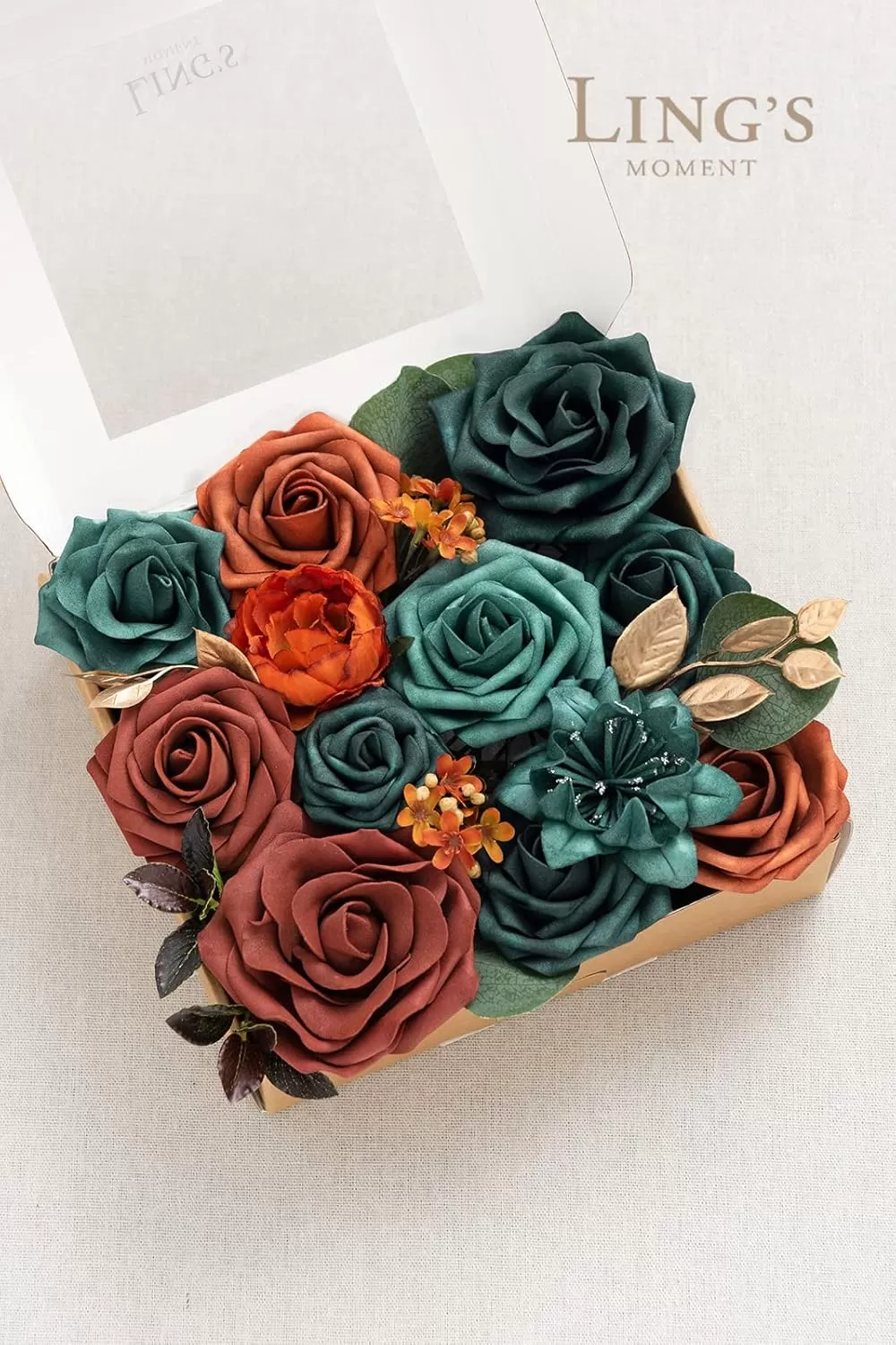 imageLings Moment Terracotta Artificial Flowers Greenery Deluxe Box Set Burnt Orange Fake Flower for DIY Wedding Bridal Bouquet Centerpieces Decor Floral Arrangement Decor etcTeal  Orange