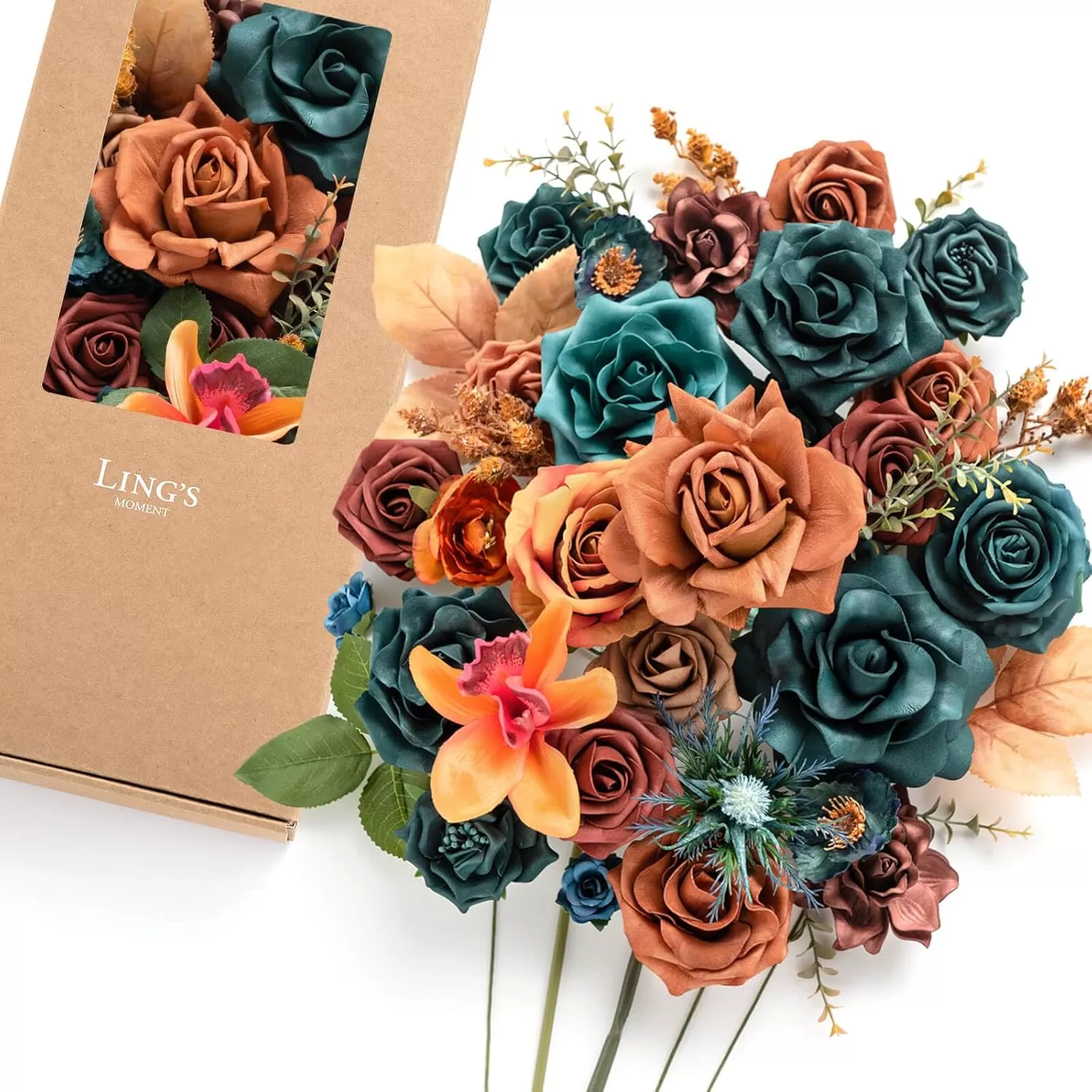 imageLings Moment Terracotta Artificial Flowers Greenery Deluxe Box Set Burnt Orange Fake Flower for DIY Wedding Bridal Bouquet Centerpieces Decor Floral Arrangement Decor etcTeal  Burnt Orange