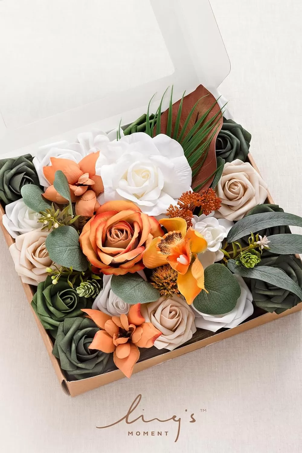 imageLings Moment Terracotta Artificial Flowers Greenery Deluxe Box Set Burnt Orange Fake Flower for DIY Wedding Bridal Bouquet Centerpieces Decor Floral Arrangement Decor etcWhite  Dark Green  Orange