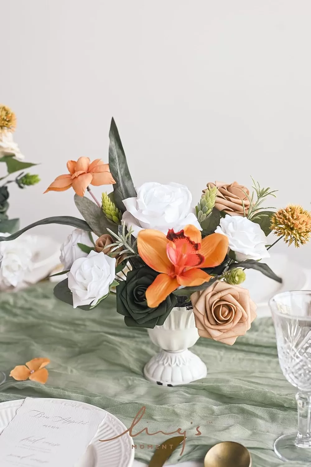 imageLings Moment Terracotta Artificial Flowers Greenery Deluxe Box Set Burnt Orange Fake Flower for DIY Wedding Bridal Bouquet Centerpieces Decor Floral Arrangement Decor etcWhite  Dark Green  Orange