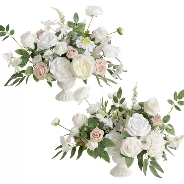 imageLings Moment Orange Clay ampamp Olive Green Artificial Flowers with Vase Wedding Decor Centerpiece Flower Potted for Ceremony Reception Tabletop Desk Flowers Mantel Archway Aisle Set of 2White Sage