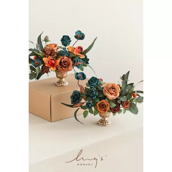imageLings Moment Orange Clay ampamp Olive Green Artificial Flowers with Vase Wedding Decor Centerpiece Flower Potted for Ceremony Reception Tabletop Desk Flowers Mantel Archway Aisle Set of 2Dark Teal  Burnt Orange