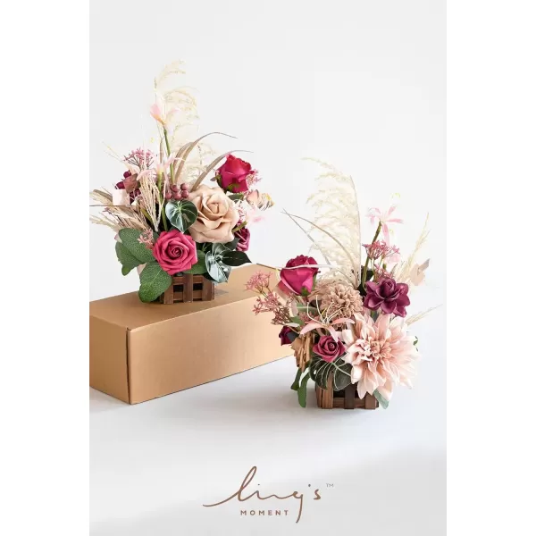 imageLings Moment Orange Clay ampamp Olive Green Artificial Flowers with Vase Wedding Decor Centerpiece Flower Potted for Ceremony Reception Tabletop Desk Flowers Mantel Archway Aisle Set of 2Magenta