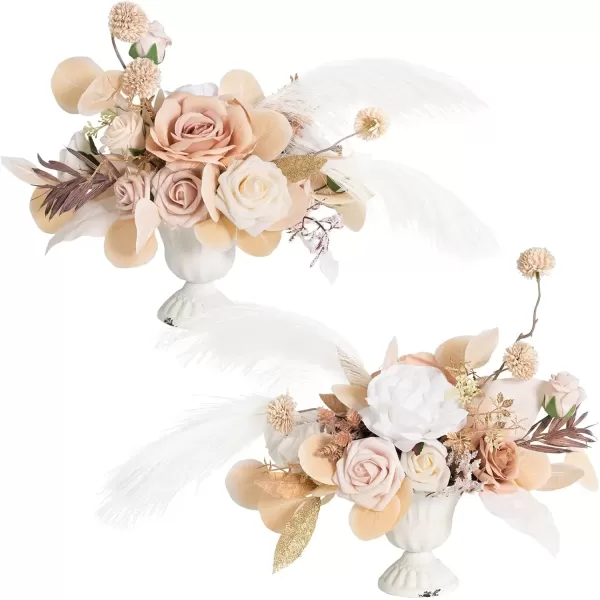 imageLings Moment Orange Clay ampamp Olive Green Artificial Flowers with Vase Wedding Decor Centerpiece Flower Potted for Ceremony Reception Tabletop Desk Flowers Mantel Archway Aisle Set of 2White Beige