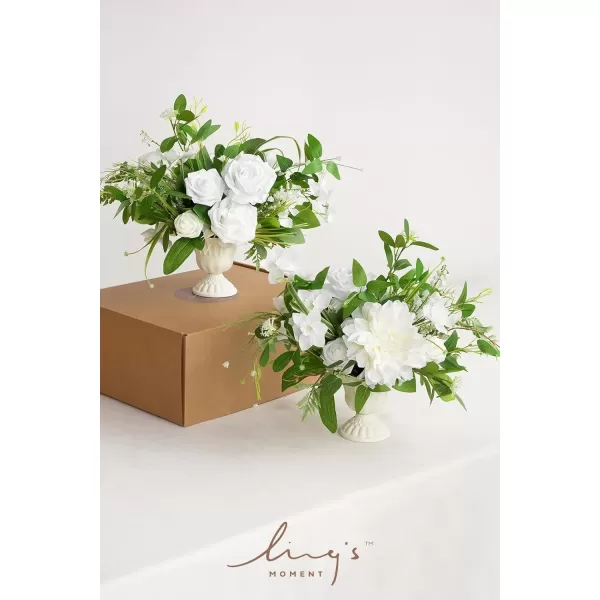 imageLings Moment Orange Clay ampamp Olive Green Artificial Flowers with Vase Wedding Decor Centerpiece Flower Potted for Ceremony Reception Tabletop Desk Flowers Mantel Archway Aisle Set of 2Green  White