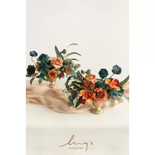 imageLings Moment Orange Clay ampamp Olive Green Artificial Flowers with Vase Wedding Decor Centerpiece Flower Potted for Ceremony Reception Tabletop Desk Flowers Mantel Archway Aisle Set of 2Dark Teal  Burnt Orange