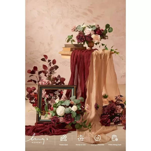 imageLings Moment Orange Clay ampamp Olive Green Artificial Flowers with Vase Wedding Decor Centerpiece Flower Potted for Ceremony Reception Tabletop Desk Flowers Mantel Archway Aisle Set of 2Romantic Marsala