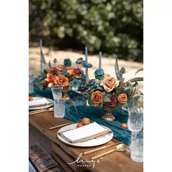 imageLings Moment Orange Clay ampamp Olive Green Artificial Flowers with Vase Wedding Decor Centerpiece Flower Potted for Ceremony Reception Tabletop Desk Flowers Mantel Archway Aisle Set of 2Dark Teal  Burnt Orange