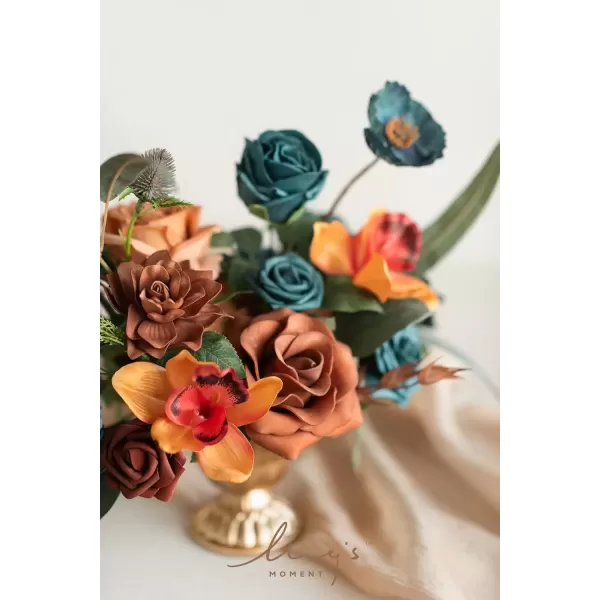 imageLings Moment Orange Clay ampamp Olive Green Artificial Flowers with Vase Wedding Decor Centerpiece Flower Potted for Ceremony Reception Tabletop Desk Flowers Mantel Archway Aisle Set of 2Dark Teal  Burnt Orange