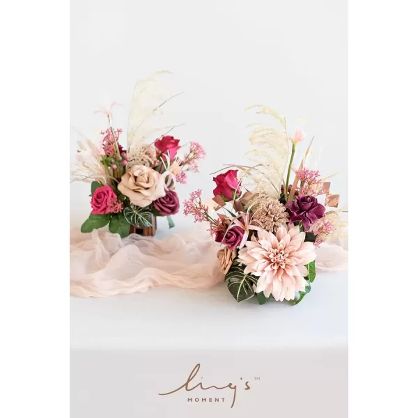 imageLings Moment Orange Clay ampamp Olive Green Artificial Flowers with Vase Wedding Decor Centerpiece Flower Potted for Ceremony Reception Tabletop Desk Flowers Mantel Archway Aisle Set of 2Magenta