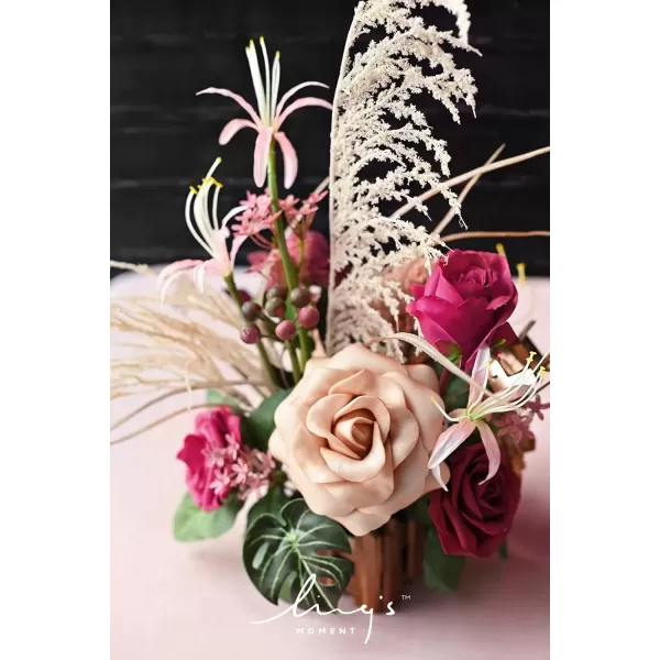 imageLings Moment Orange Clay ampamp Olive Green Artificial Flowers with Vase Wedding Decor Centerpiece Flower Potted for Ceremony Reception Tabletop Desk Flowers Mantel Archway Aisle Set of 2Magenta