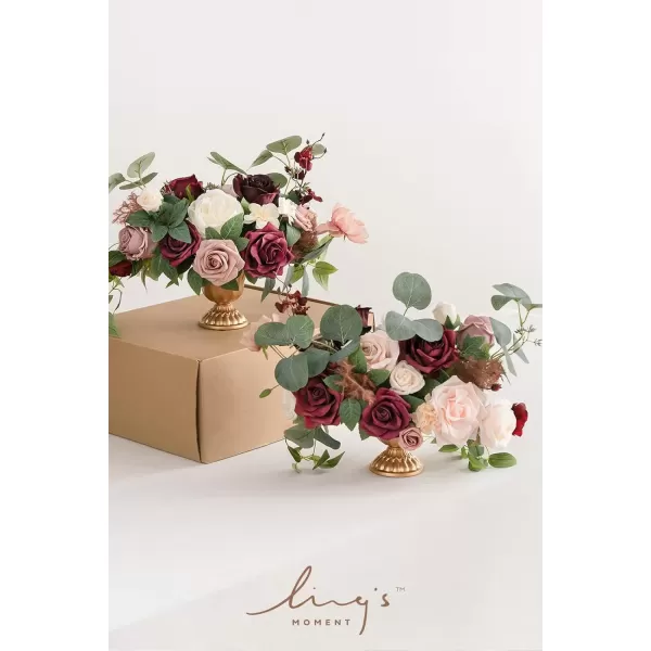 imageLings Moment Orange Clay ampamp Olive Green Artificial Flowers with Vase Wedding Decor Centerpiece Flower Potted for Ceremony Reception Tabletop Desk Flowers Mantel Archway Aisle Set of 2Romantic Marsala