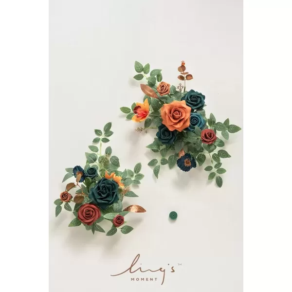imageLings Moment 2pcs Fall Wedding Artificial Floral Swag Welcome Sign Flowers Backdrop Garland Navy ampamp Burnt Orange for Ceremony Reception Door Wall Home Decorations Entryway Outdoor Board Table DecorDark Teal  Burnt Orange