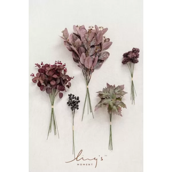 imageLings Moment Artificial Greenery Stems Box Set 35pcs with 7 Kinds of Faux Flowers Picks for DIY Bridal Bouquets Wedding Floral Arrangement Table Centerpieces Moody BurgundyPurple  Burgundy