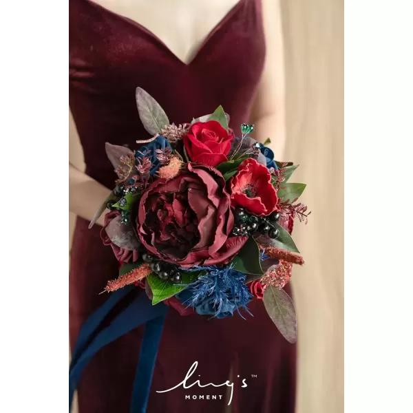 imageLings Moment Dsuty Blue Bridal Bouquet for Bride Navy Blue Wedding Bouquets for Bride Maid of Honor Bridesmaid 9 Inch Silk Round Artificial Wedding Flowers Bouquets Small Bridesmaid BouquetRedburgundy  Navy Blue