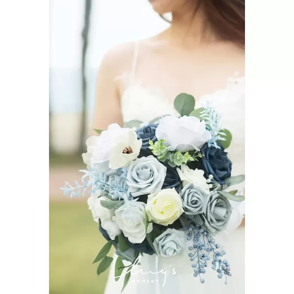 imageLings Moment Dsuty Blue Bridal Bouquet for Bride Navy Blue Wedding Bouquets for Bride Maid of Honor Bridesmaid 9 Inch Silk Round Artificial Wedding Flowers Bouquets Small Bridesmaid BouquetBluromantic Dusty Blue