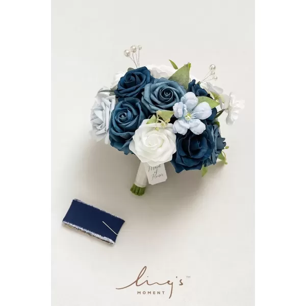 imageLings Moment Dsuty Blue Bridal Bouquet for Bride Navy Blue Wedding Bouquets for Bride Maid of Honor Bridesmaid 9 Inch Silk Round Artificial Wedding Flowers Bouquets Small Bridesmaid BouquetBludusty Blue  Navy