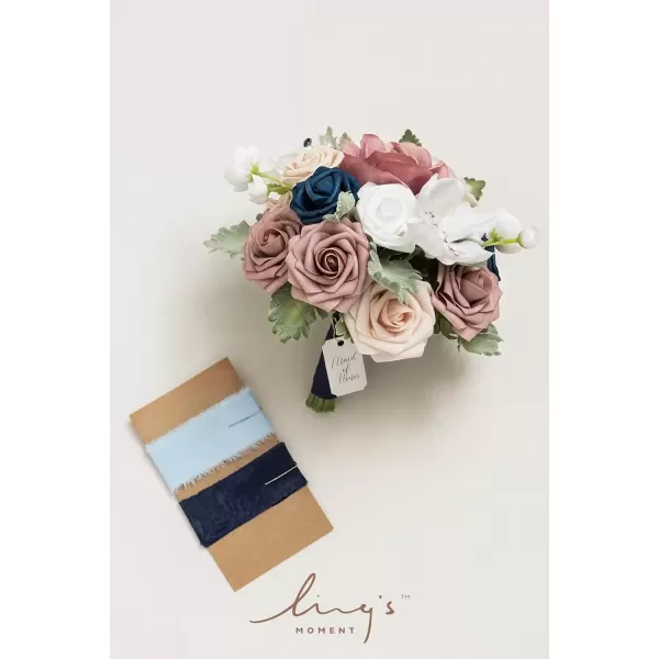 imageLings Moment Dsuty Blue Bridal Bouquet for Bride Navy Blue Wedding Bouquets for Bride Maid of Honor Bridesmaid 9 Inch Silk Round Artificial Wedding Flowers Bouquets Small Bridesmaid BouquetPkdusty Rose  Navy