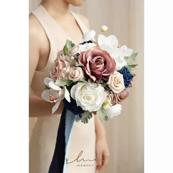 imageLings Moment Dsuty Blue Bridal Bouquet for Bride Navy Blue Wedding Bouquets for Bride Maid of Honor Bridesmaid 9 Inch Silk Round Artificial Wedding Flowers Bouquets Small Bridesmaid BouquetPkdusty Rose  Navy