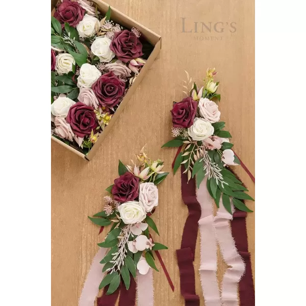 imageLings Moment 8pcs Aisle Pew Artificial Flowers Arrangements for Wedding Ceremony Chair Back Floral Decorations with Chiffon Ribbon Marsala Blush Pink Reception Church Rose Faux Hanging Party OutdoorMarsala  Blush