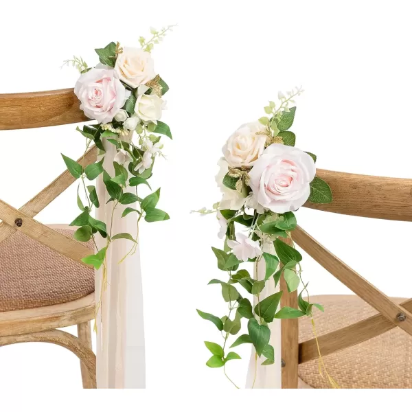 imageLings Moment 8pcs Aisle Pew Artificial Flowers Arrangements for Wedding Ceremony Chair Back Floral Decorations with Chiffon Ribbon Marsala Blush Pink Reception Church Rose Faux Hanging Party OutdoorBlush  Ivory  Green