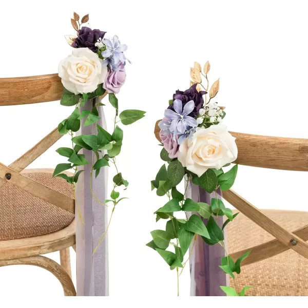 imageLings Moment 8pcs Aisle Pew Artificial Flowers Arrangements for Wedding Ceremony Chair Back Floral Decorations with Chiffon Ribbon Marsala Blush Pink Reception Church Rose Faux Hanging Party OutdoorLilac  Purple  Cream