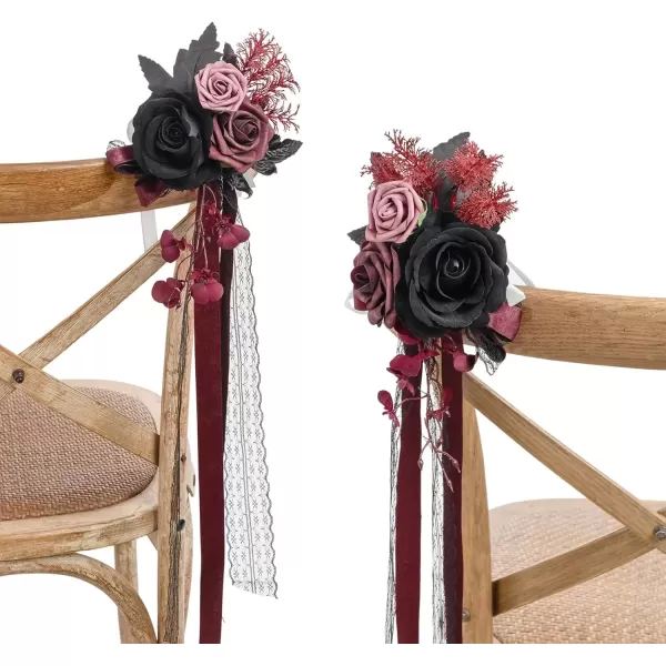 imageLings Moment 8pcs Aisle Pew Artificial Flowers Arrangements for Wedding Ceremony Chair Back Floral Decorations with Chiffon Ribbon Marsala Blush Pink Reception Church Rose Faux Hanging Party OutdoorBlack  Burgundy