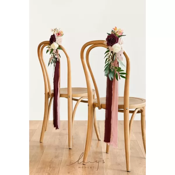 imageLings Moment 8pcs Aisle Pew Artificial Flowers Arrangements for Wedding Ceremony Chair Back Floral Decorations with Chiffon Ribbon Marsala Blush Pink Reception Church Rose Faux Hanging Party OutdoorMarsala  Blush