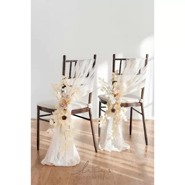 imageLings Moment 8pcs Fall Wedding Chair Decorations Aisle Pew Church Artificial Flowers With Hanging Fabric Burgundy Dusty Rose Bench Ceremony Reception Floral Faux Rose Arrangements Party Outdoor DecorWhite  Beige