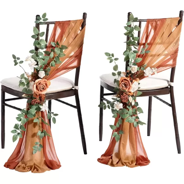 imageLings Moment 8pcs Fall Wedding Chair Decorations Aisle Pew Church Artificial Flowers With Hanging Fabric Burgundy Dusty Rose Bench Ceremony Reception Floral Faux Rose Arrangements Party Outdoor DecorSunset Terracotta