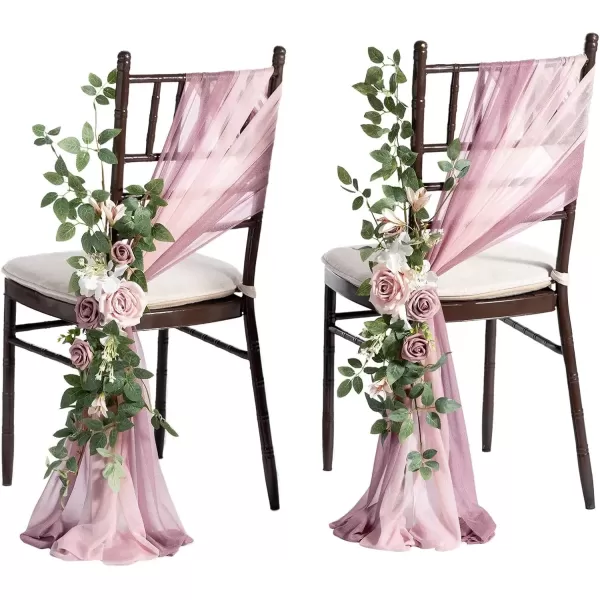 imageLings Moment 8pcs Fall Wedding Chair Decorations Aisle Pew Church Artificial Flowers With Hanging Fabric Burgundy Dusty Rose Bench Ceremony Reception Floral Faux Rose Arrangements Party Outdoor DecorDusty Rose