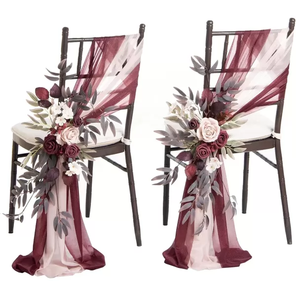 imageLings Moment 8pcs Fall Wedding Chair Decorations Aisle Pew Church Artificial Flowers With Hanging Fabric Burgundy Dusty Rose Bench Ceremony Reception Floral Faux Rose Arrangements Party Outdoor DecorBurgundy  Dusty Rose