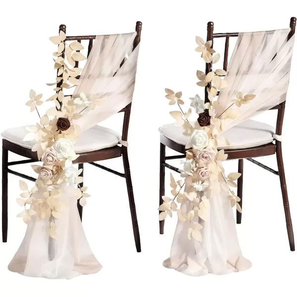 imageLings Moment 8pcs Fall Wedding Chair Decorations Aisle Pew Church Artificial Flowers With Hanging Fabric Burgundy Dusty Rose Bench Ceremony Reception Floral Faux Rose Arrangements Party Outdoor DecorWhite  Beige