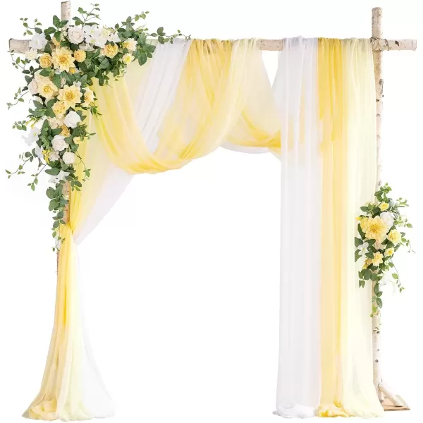 imageLings Moment Deluxe White Beige Artificial Wedding Arch Flowers with Drapes KitPack of 5 2pcs Flower Arrangements 3pcs Hanging Sheer Drapes Ceremony Arbor Reception Backdrop Rose Floral DecorationsCreamy Yellowc