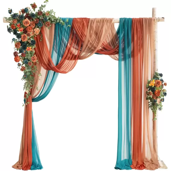 imageLings Moment Deluxe White Beige Artificial Wedding Arch Flowers with Drapes KitPack of 5 2pcs Flower Arrangements 3pcs Hanging Sheer Drapes Ceremony Arbor Reception Backdrop Rose Floral DecorationsDark Teal  Burnt Orange