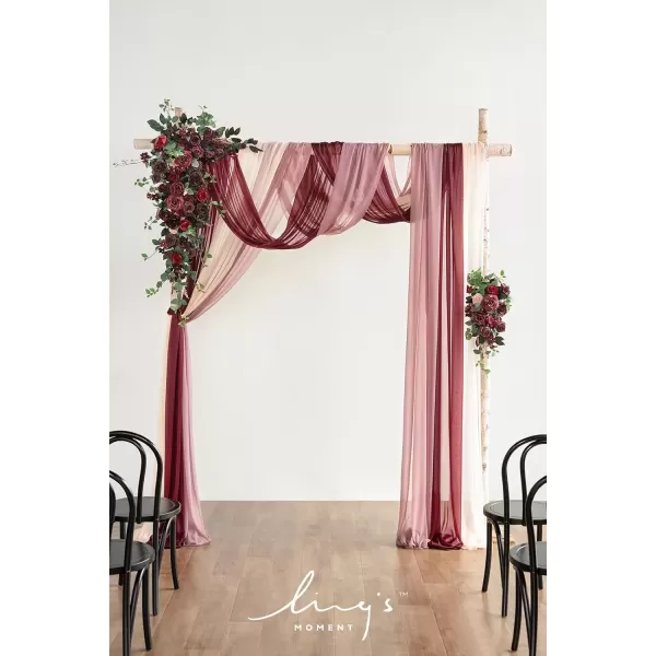 imageLings Moment Deluxe White Beige Artificial Wedding Arch Flowers with Drapes KitPack of 5 2pcs Flower Arrangements 3pcs Hanging Sheer Drapes Ceremony Arbor Reception Backdrop Rose Floral DecorationsBordeaux Red