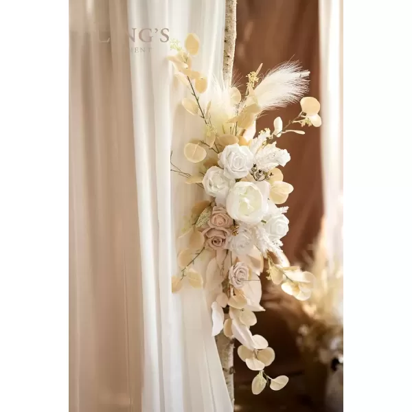 imageLings Moment Deluxe White Beige Artificial Wedding Arch Flowers with Drapes KitPack of 5 2pcs Flower Arrangements 3pcs Hanging Sheer Drapes Ceremony Arbor Reception Backdrop Rose Floral DecorationsWhite Inspiration  White  Beige