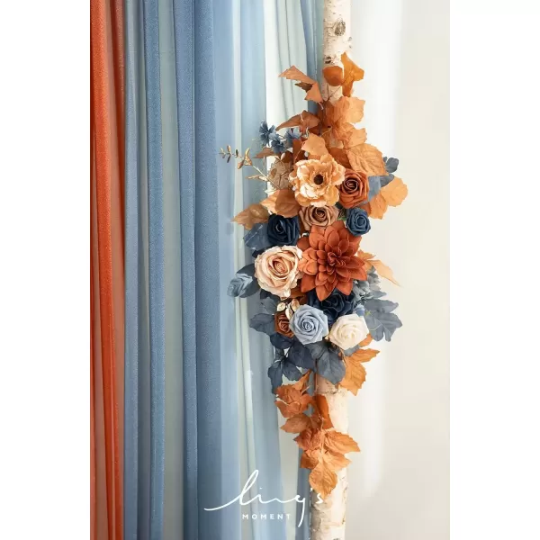 imageLings Moment Deluxe White Beige Artificial Wedding Arch Flowers with Drapes KitPack of 5 2pcs Flower Arrangements 3pcs Hanging Sheer Drapes Ceremony Arbor Reception Backdrop Rose Floral DecorationsOrange Inspiration  Burnt Orange  Navy Blue