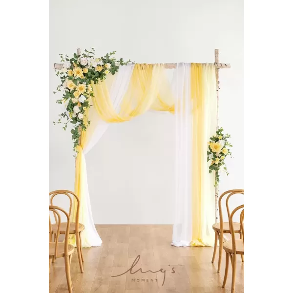 imageLings Moment Deluxe White Beige Artificial Wedding Arch Flowers with Drapes KitPack of 5 2pcs Flower Arrangements 3pcs Hanging Sheer Drapes Ceremony Arbor Reception Backdrop Rose Floral DecorationsCreamy Yellowc